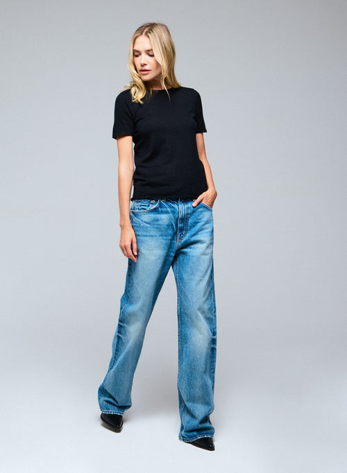 T-shirt Noir Col Rond Manches Courtes en Cachemire - MAJESTIC FILATURES