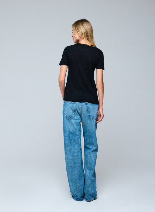 T-shirt Noir Col Rond Manches Courtes en Cachemire - MAJESTIC FILATURES