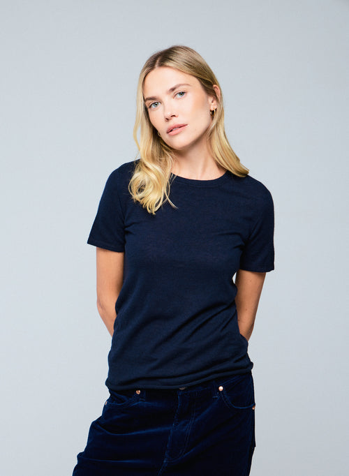T-shirt Marine Col Rond Manches Courtes en Cachemire - MAJESTIC FILATURES
