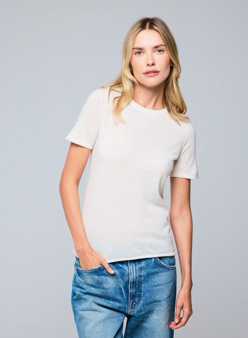 White Round Neck Short Sleeves Cashmere T-Shirt WOMEN Majestic