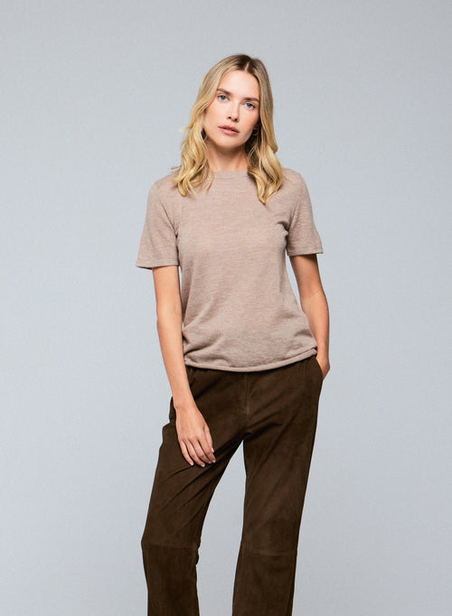 Beigefarbenes Kaschmir-T-Shirt mit Rundhalsausschnitt und kurzen Ärmeln - MAJESTIC FILATURES