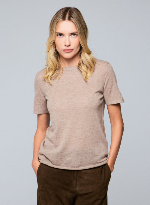 Camiseta de cachemir de manga corta con cuello redondo beige - MAJESTIC FILATURES