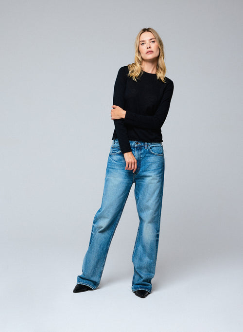 Schwarzes langärmeliges Kaschmir-T-Shirt mit Rundhalsausschnitt - MAJESTIC FILATURES