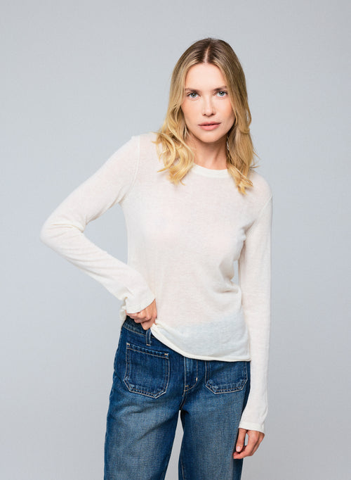 Camiseta de cachemir de manga larga con cuello redondo blanco - MAJESTIC FILATURES
