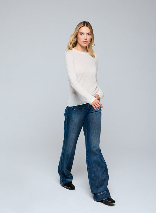 Weißes langärmeliges Kaschmir-T-Shirt mit Rundhalsausschnitt - MAJESTIC FILATURES