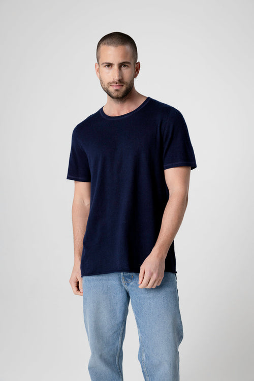 T-shirt Marine Col Rond Manches Courtes en Cachemire - MAJESTIC FILATURES