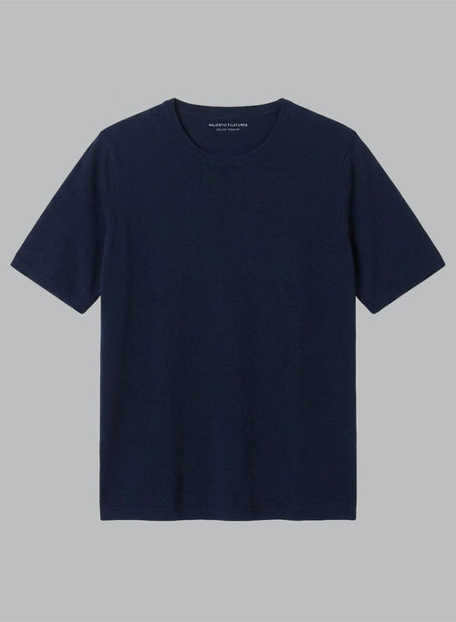 T-shirt Marine Col Rond Manches Courtes en Cachemire - MAJESTIC FILATURES