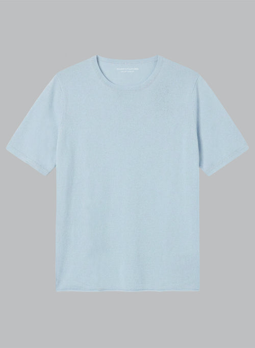 T-shirt Bleu Clair Col Rond Manches Courtes en Cachemire - MAJESTIC FILATURES