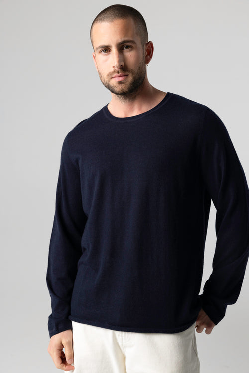 Camiseta azul marino de cuello redondo y manga larga de cachemira - MAJESTIC FILATURES