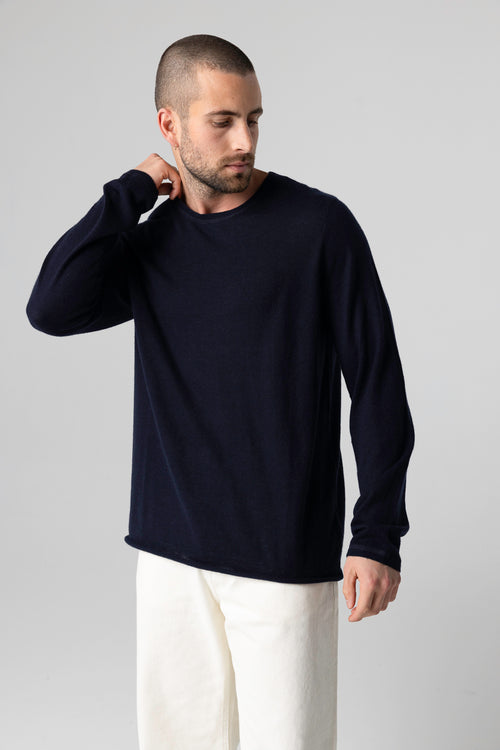 Camiseta azul marino de cuello redondo y manga larga de cachemira - MAJESTIC FILATURES