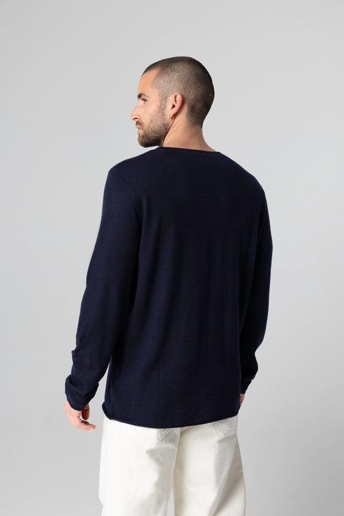 Camiseta azul marino de cuello redondo y manga larga de cachemira - MAJESTIC FILATURES