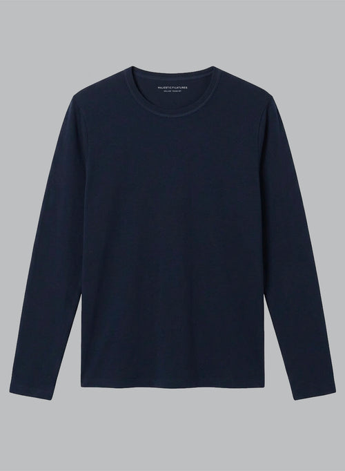 Camiseta azul marino de cuello redondo y manga larga de cachemira - MAJESTIC FILATURES