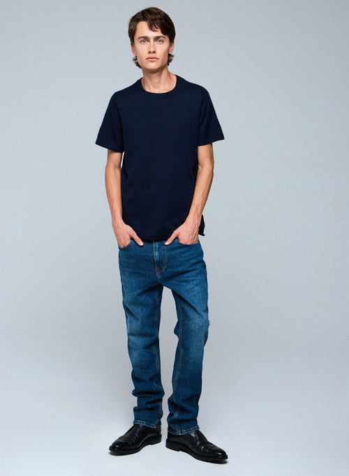 T-shirt Marine Col Rond Manches Courtes en Cachemire - MAJESTIC FILATURES