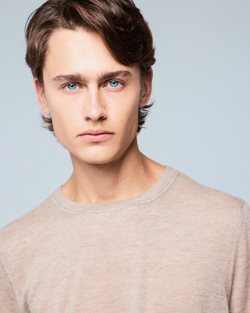 T-shirt Beige Col Rond Manches Courtes en Cachemire - MAJESTIC FILATURES