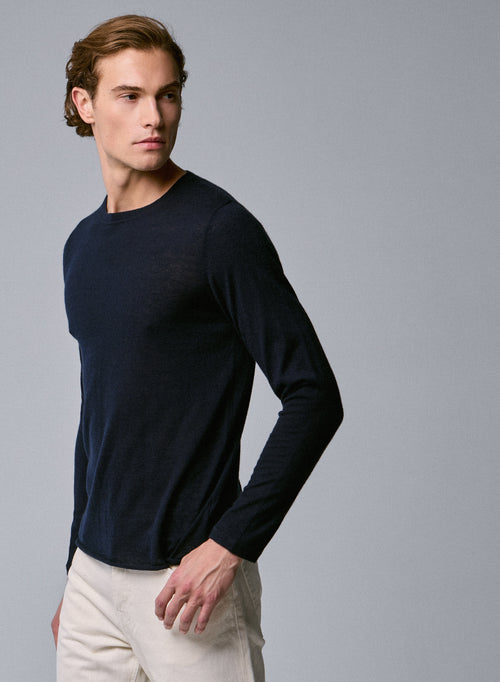 Camiseta de cachemir de manga corta con cuello redondo azul marino - MAJESTIC FILATURES