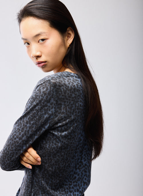 Azul Camiseta Cuello Redondo Mangas Largas Algodón Orgánico Cachemira - MAJESTIC FILATURES