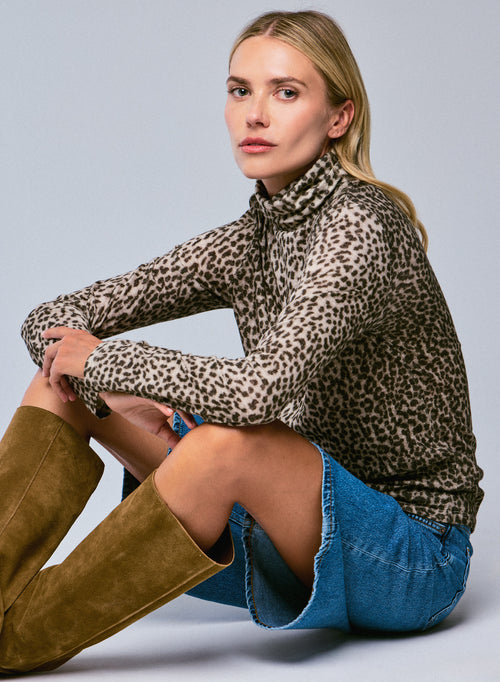 Camiseta de cuello alto de manga larga beige en algodón orgánico / cachemir - MAJESTIC FILATURES