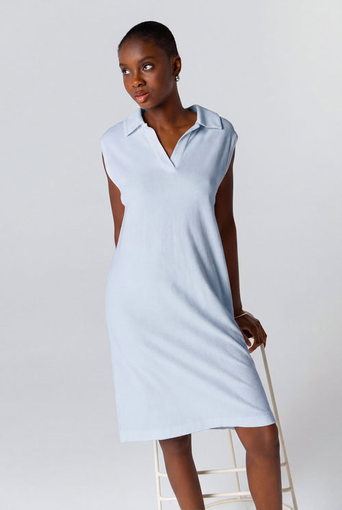 Blue Calanques Tunisian Collar Sleeveless Dress in Organic Cotton / Polyamide - MAJESTIC FILATURES