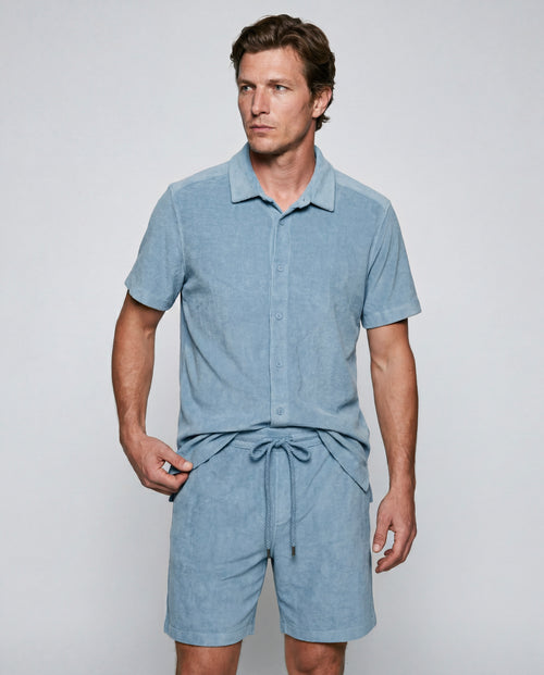 Light Blue Short-Sleeve Collared Shirt in Organic Cotton / Polyamide - MAJESTIC FILATURES