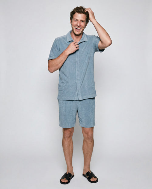 Light Blue Short-Sleeve Collared Shirt in Organic Cotton / Polyamide - MAJESTIC FILATURES