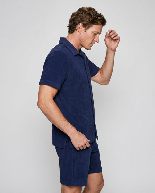 Blue Short-Sleeve Collared Shirt in Organic Cotton / Polyamide - MAJESTIC FILATURES