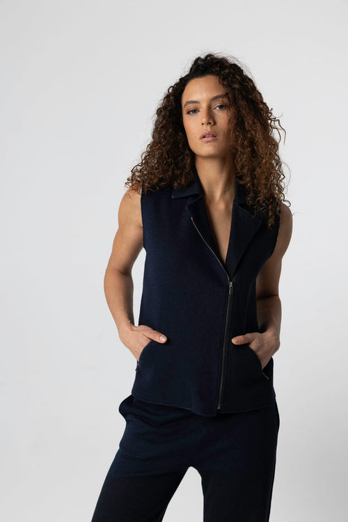 Chaqueta azul marino sin mangas de algodón/lino/algodón orgánico - MAJESTIC FILATURES