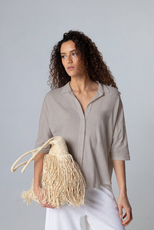 Chemise Coffee Latte Manches Courtes en Coton / Lin - MAJESTIC FILATURES