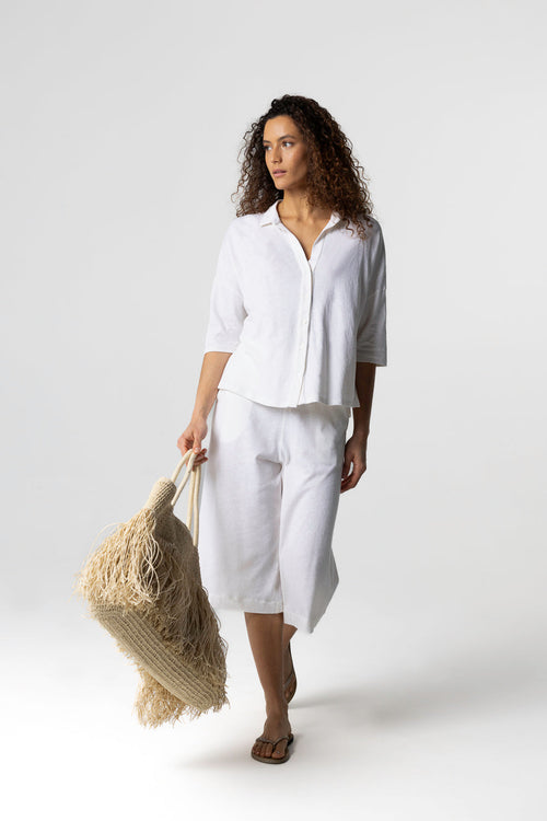 Camisa de manga corta en color leche de algodón/lino - MAJESTIC FILATURES