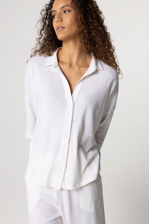 Camisa de manga corta en color leche de algodón/lino - MAJESTIC FILATURES