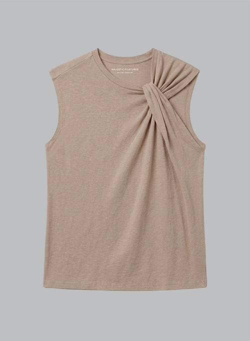 Ärmelloses Tanktop mit Knotenausschnitt aus Baumwolle/Leinen in Kaffee-Latte - MAJESTIC FILATURES