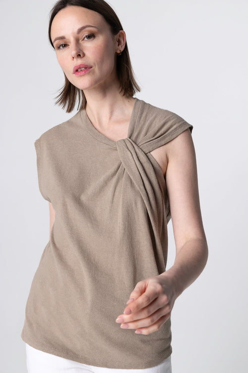 Débardeur Coffee Latte Col Noué Sans Manches en Coton / Lin - MAJESTIC FILATURES