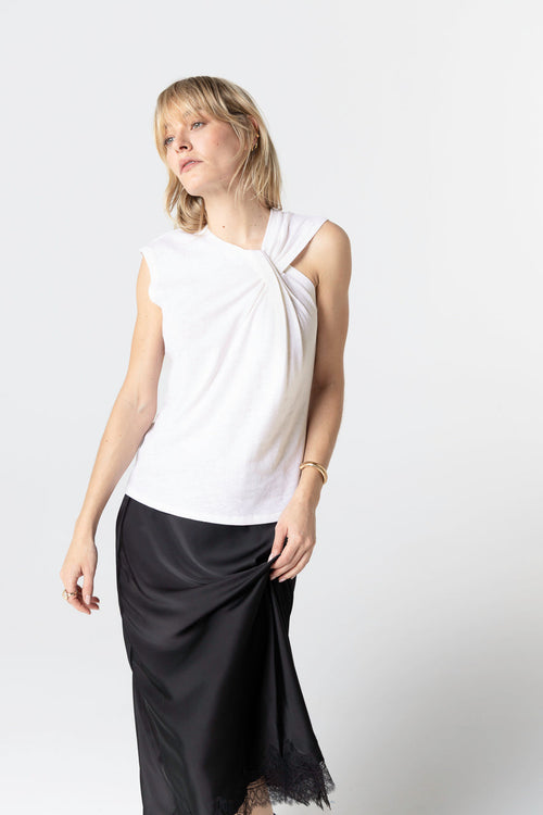 Camiseta sin mangas blanca con cuello anudado de algodón/lino - MAJESTIC FILATURES