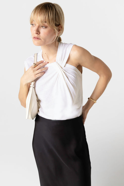 Camiseta sin mangas blanca con cuello anudado de algodón/lino - MAJESTIC FILATURES