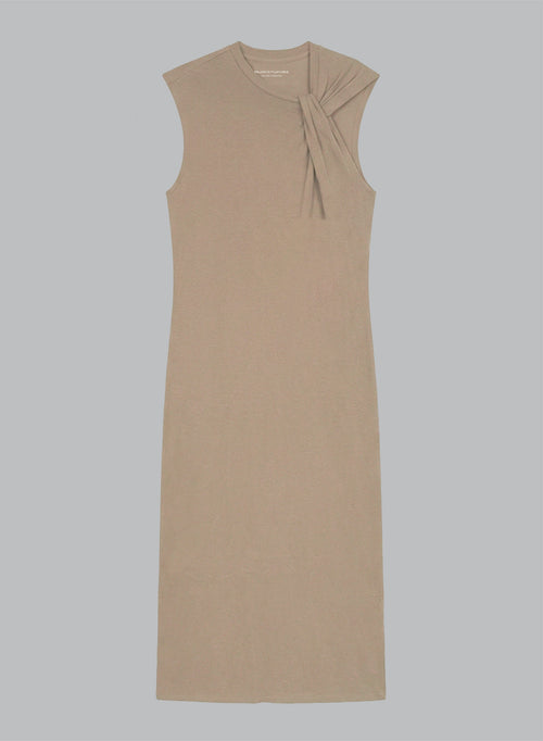 Sleeveless Knotted-Neck Cotton / Linen Dress in Coffee Latte - MAJESTIC FILATURES