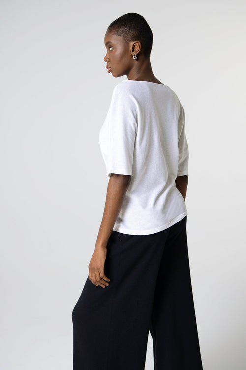 Camiseta blanca con cuello barco y manga corta de algodón/lino - MAJESTIC FILATURES