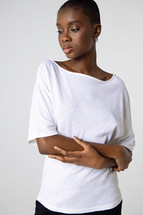 T-shirt Blanc Col Bateau Manches Courtes en Coton / Lin - MAJESTIC FILATURES