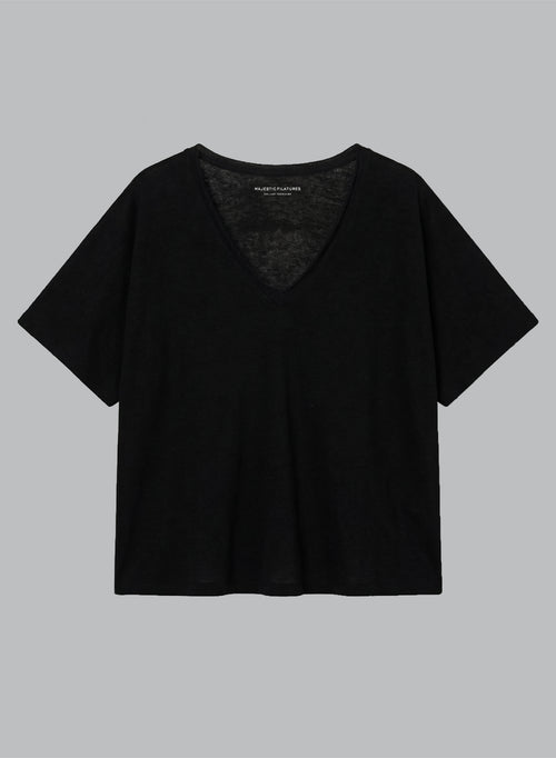 T-Shirt mit V-Ausschnitt und kurzen Ärmeln aus Baumwolle/Leinen in Schwarz - MAJESTIC FILATURES