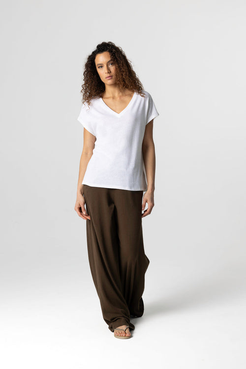 T-shirt Milk Col V Manches Courtes en Coton / Lin - MAJESTIC FILATURES