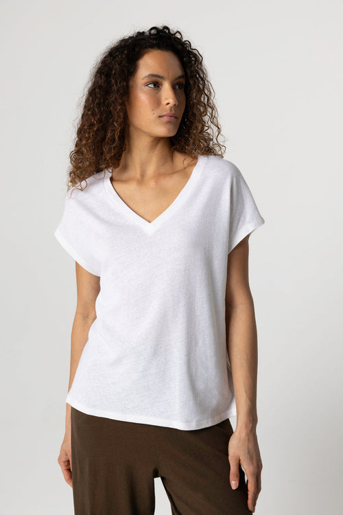 T-shirt Milk Col V Manches Courtes en Coton / Lin - MAJESTIC FILATURES