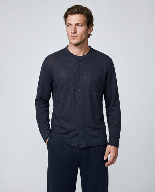 Navy Long-Sleeve Collared Shirt in Cotton / Linen - MAJESTIC FILATURES
