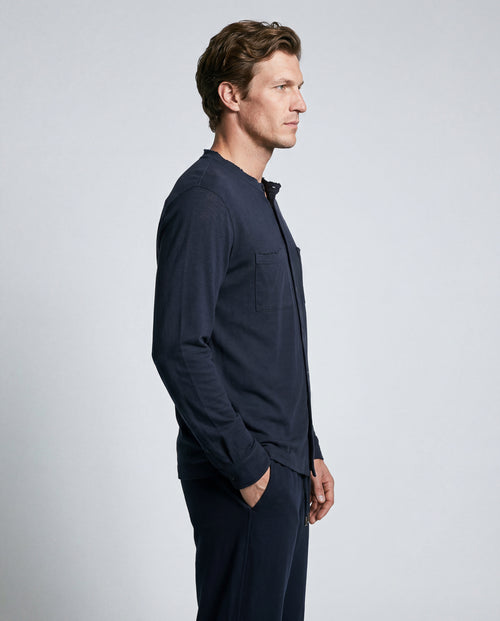 Navy Long-Sleeve Collared Shirt in Cotton / Linen - MAJESTIC FILATURES