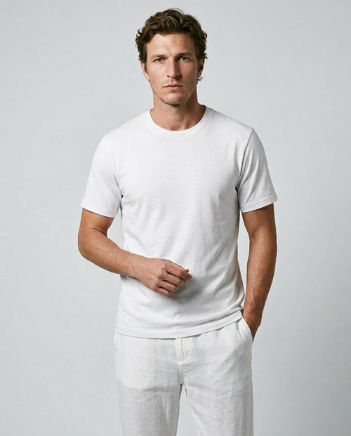 White Round-Neck Short-Sleeve T-shirt in Cotton / Linen - MAJESTIC FILATURES