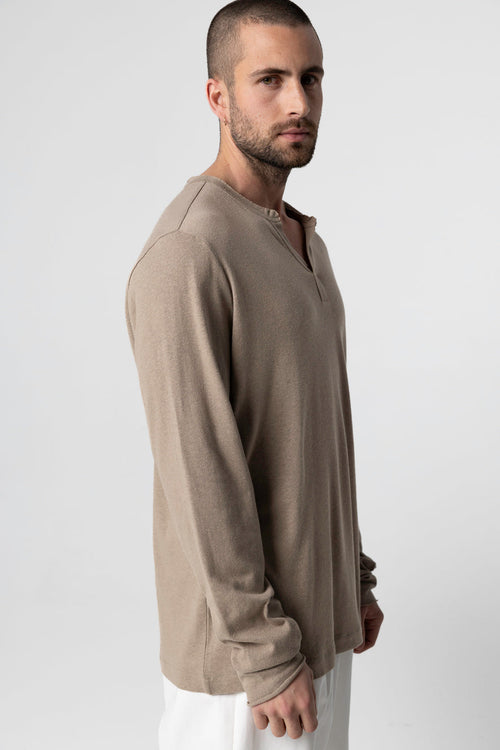 Langärmliges tunesisches Hemd aus Baumwolle/Leinen in Kaffee-Latte - MAJESTIC FILATURES