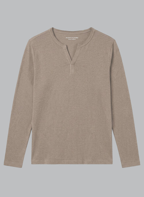 Camisa tunecina de manga larga en color café con leche de algodón y lino. - MAJESTIC FILATURES