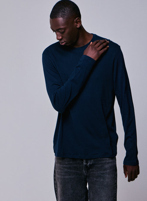 T-shirt Marine Col Rond Manches Longues en Coton / Cachemire - MAJESTIC FILATURES