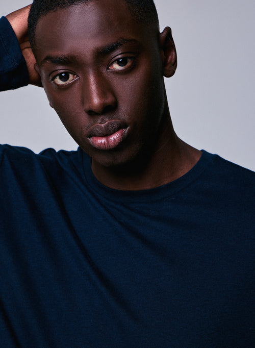 T-shirt Marine Col Rond Manches Longues en Coton / Cachemire - MAJESTIC FILATURES