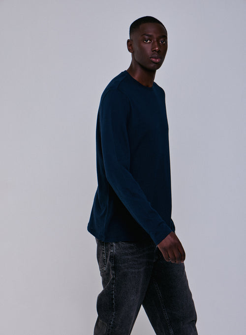 T-shirt Marine Col Rond Manches Longues en Coton / Cachemire - MAJESTIC FILATURES
