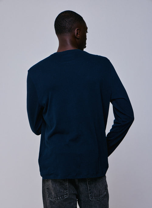 T-shirt Marine Col Rond Manches Longues en Coton / Cachemire - MAJESTIC FILATURES