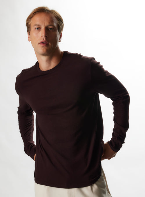 T-shirt Aubergine Col Rond Manches Longues en Coton et Cachemire - MAJESTIC FILATURES
