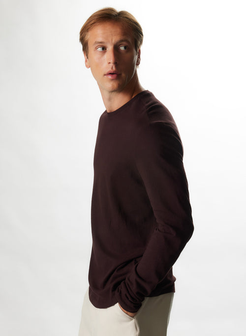 T-shirt Aubergine Col Rond Manches Longues en Coton et Cachemire - MAJESTIC FILATURES